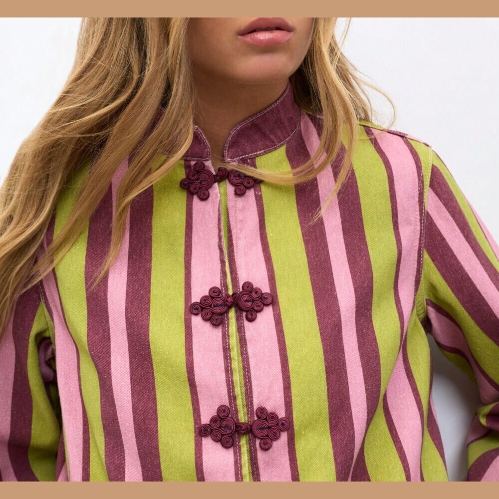 Green Pink Striped Frog Button Denim Jacket, Mandarin Collar - Picture 3 of 6